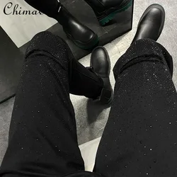 Calça jeans stretch justa com strass preto masculino, calça comprida casual, design rasgado falso, roupas de outono, roupas para homens, 2023