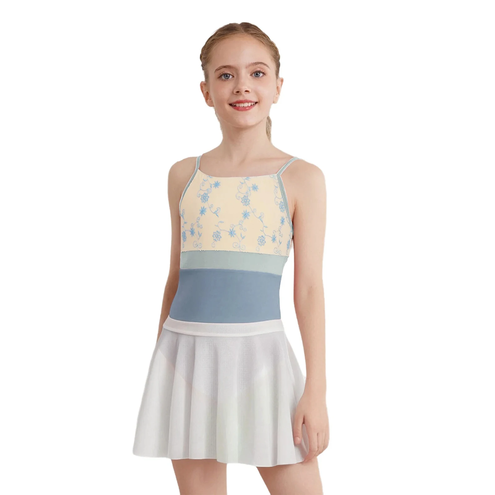 

2Pcs/Set Kids Girls Ballet Leotards Sleeveless Spaghetti Straps Floral Embroidery Color Block Leotard+Skirt Lyrical Dance Dress
