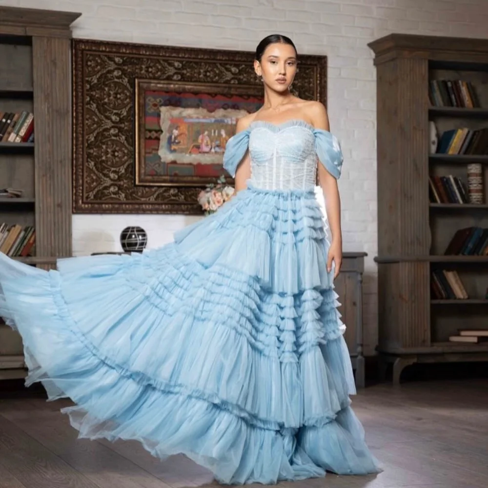 

Customized Sky Blue Matching Pastrol Tulle Pleat Ruched A-line Off-the-shoulder Long Dresses Evening Dresses Sizes Available