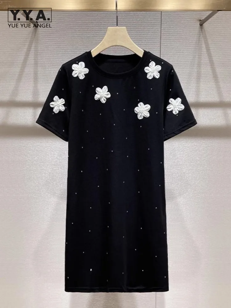 

Casual Women Summer Dress Solid Color Flower Short Sleeve Diamonds T-Shirt Dresses Ladies O Neck Pullover A Line Short Dresses