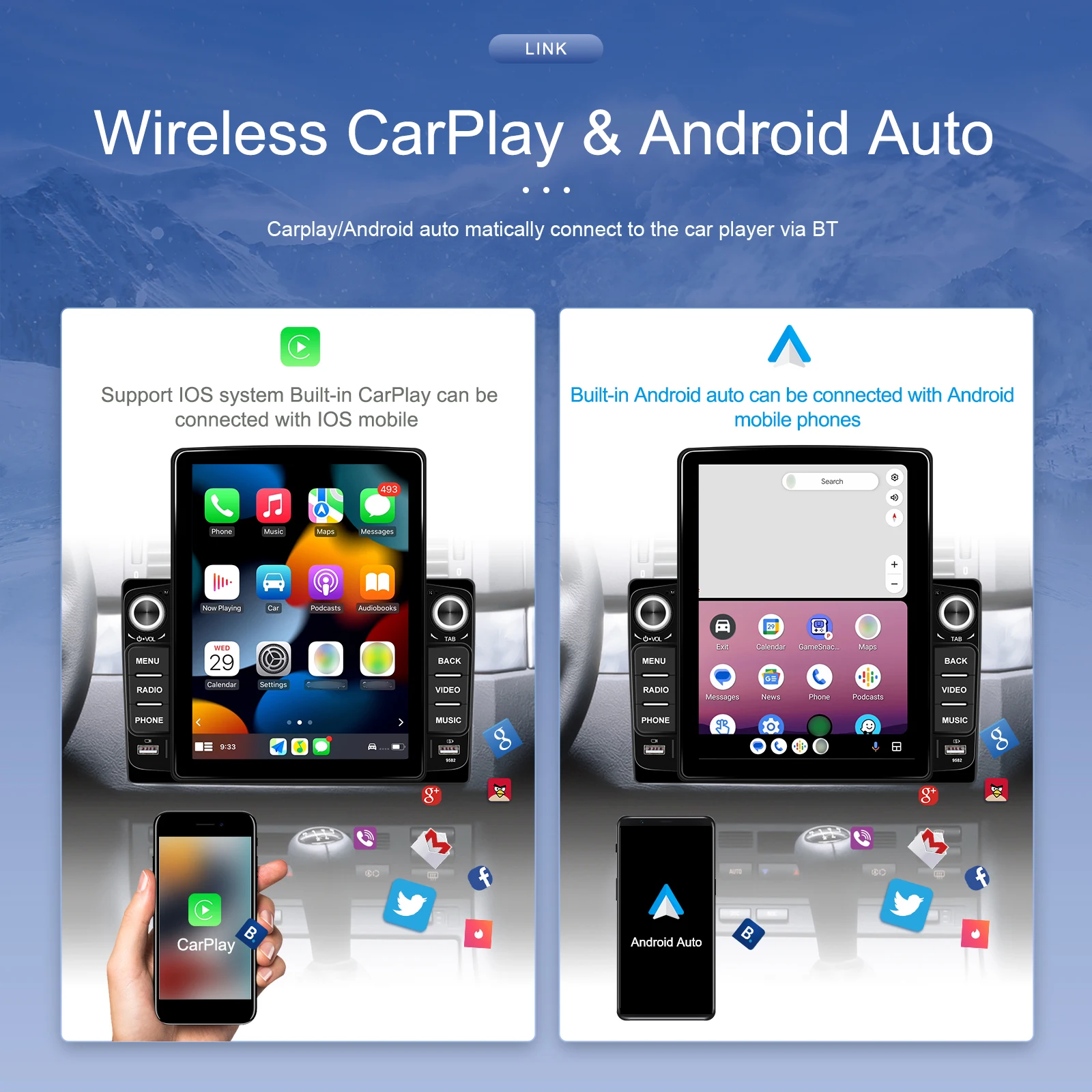 2 Din 9.5'' Android Car Radio Auto Electronics 2+64GB Wireless Carplay Android Auto RDS WIFI Fast Charging AHD ca mera