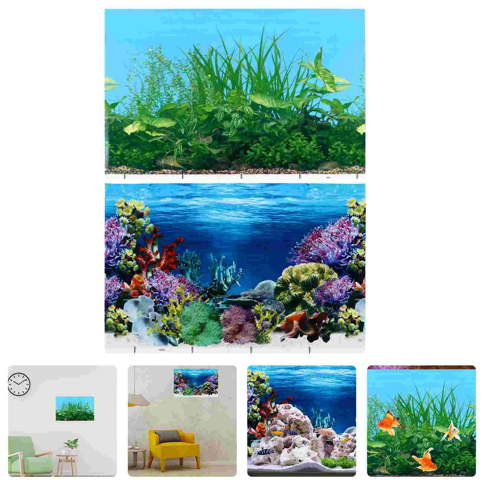 2 Pcs Fish Tank Stickers Aquarium Decals Paper Cling Ocean Coral Thick Film Poster Background Decor