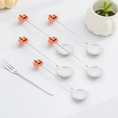 

6Pcs Halloween Pumpkin Spoons Stainless Steel Dessert Spoons Heavy Duty Ergonomic Design Multipurpose Spoon Cake Spoon