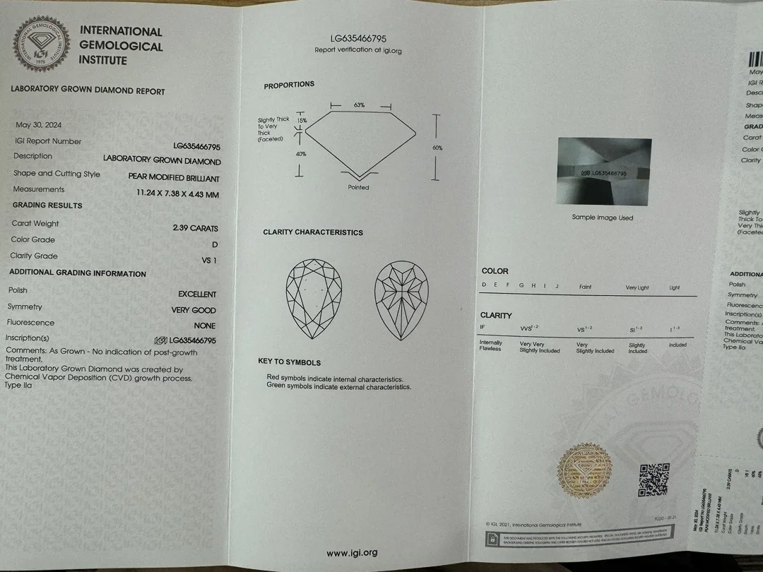 Ruif New Pear  2.39ct D VS1  EXVG N  Lab Grown Diamond for Fine Jewelry Making with IGI Certificate