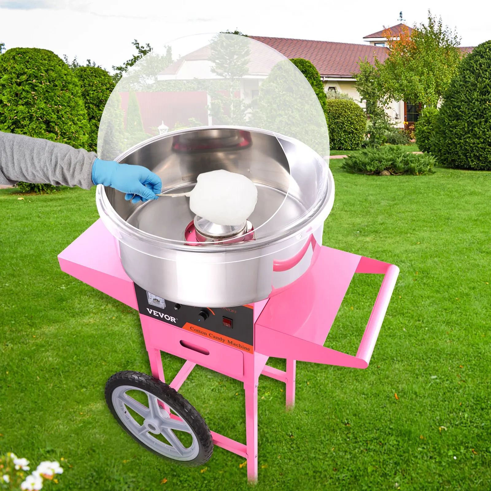 

Electric Cotton Candy Machine Cart With Bubble Cover Shield, 1000W Commercial Floss Maker With Stainless Steel Bowl, Sugar
