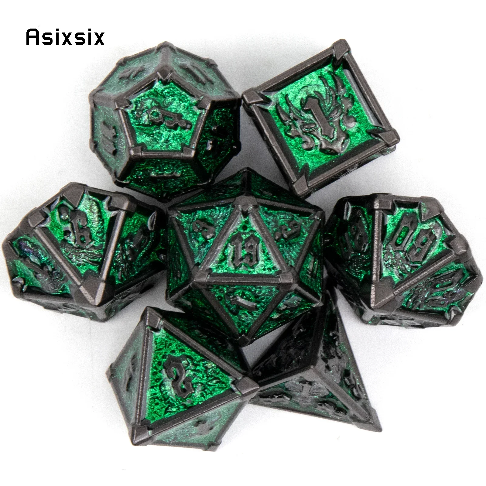 

7 Pcs Black Green Skull Solid Metal , Dnd Dice Set Perfect For Card Games Board Games For Critical Role, Rpgs, D&D