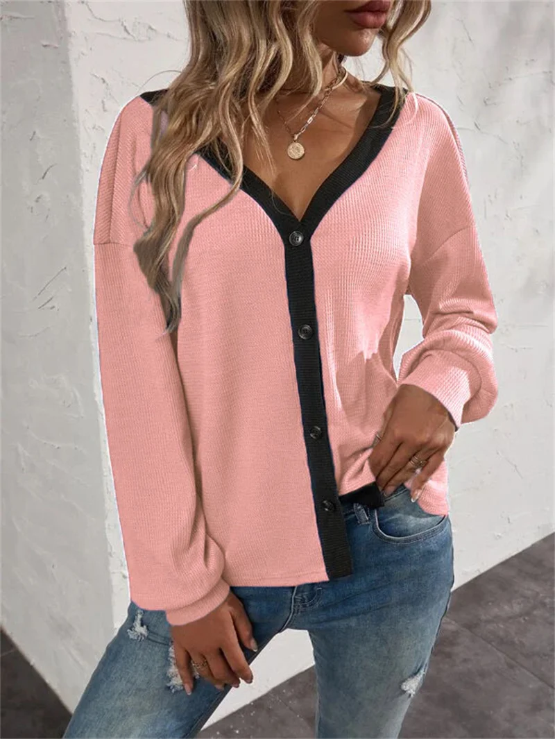 Waffle Button Cardigan Women's T-Shirt 2022 Autumn Fashion Solid Color Knitted Tops Casual Loose Dropped Shoulder Sleeves Clothe