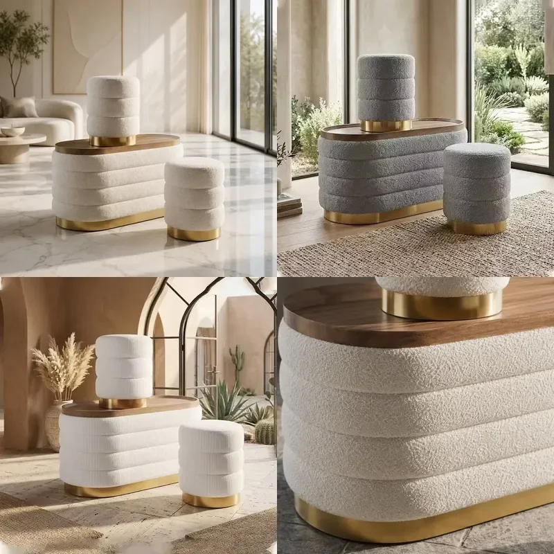 Modern Luxury Terry Cloth Pleated Stool Set with Wooden Top Round Ribbed Footrest Gold Base Bench for Living Room Bedroom