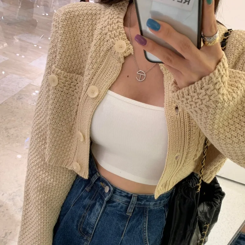 

Solid Color Small Fragrance Pocket Loose Short Knitted Sweater Coat Spring Autumn Elegant O Neck Women Cardigan Knitwear