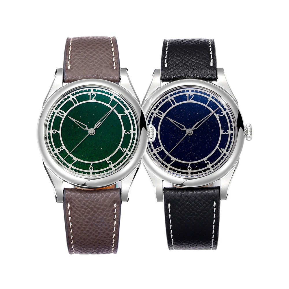 HUASUO 38mm 316L Stainless Steel Business Dress Men Watch Blue Aventurine Dail Aautomatic Mechanical SW200 Sapphire Crystal