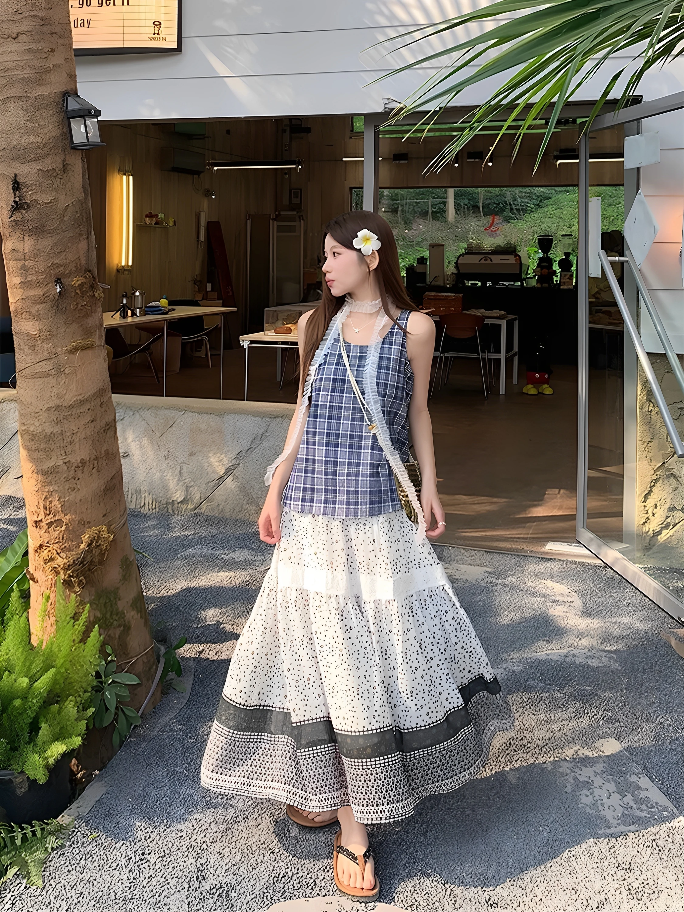 

Beach Vacation Style Set Women Summer Beach Photo Korean Plaid Sleeveless Vest Floral Halter Skirt Two Piece Set Long Pants