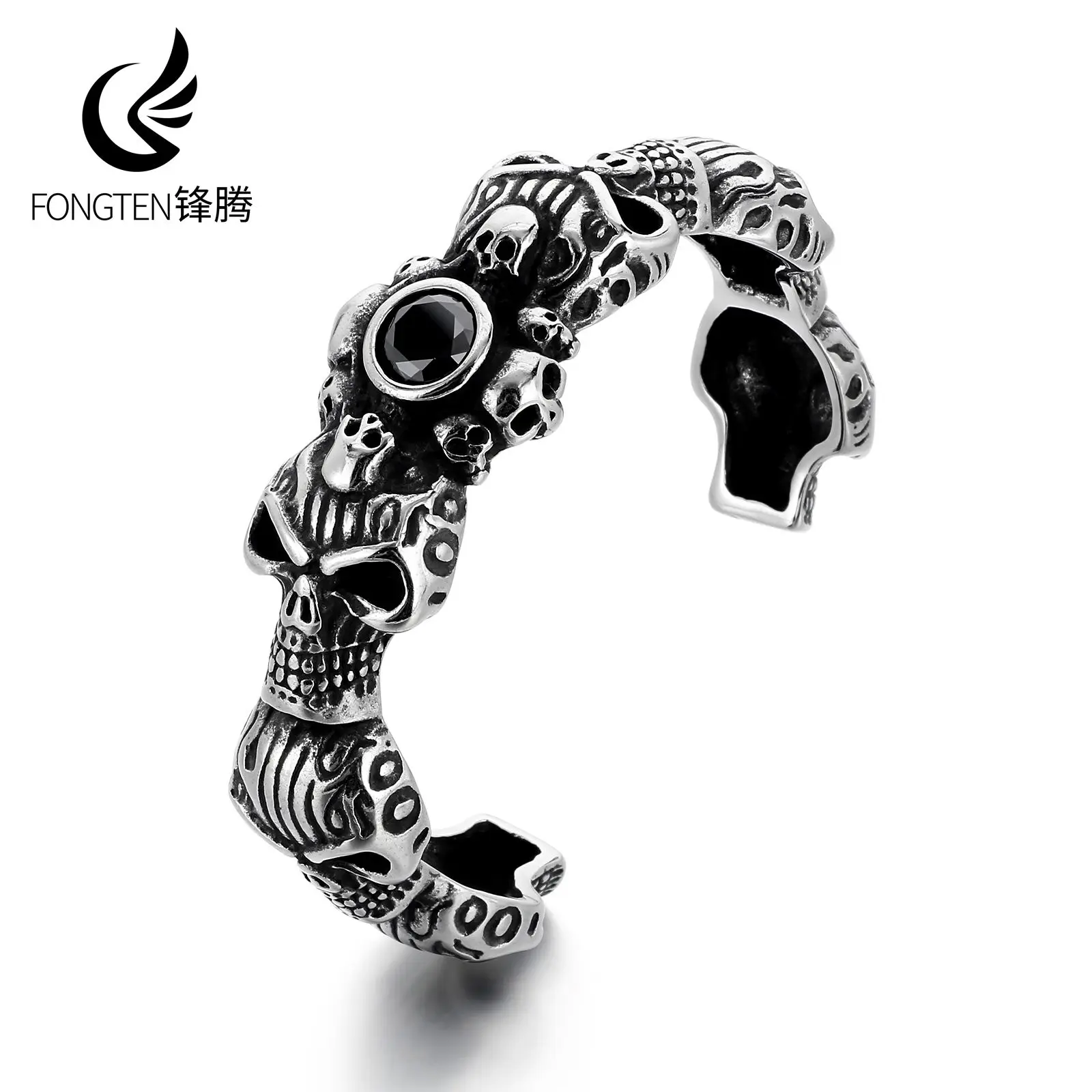 Fongten Gothic Skull Stainless Steel Bangle Vampire Black Stone Bracelet Rock Street Trend Chunky Jewelry Ieisure Gift wholesale