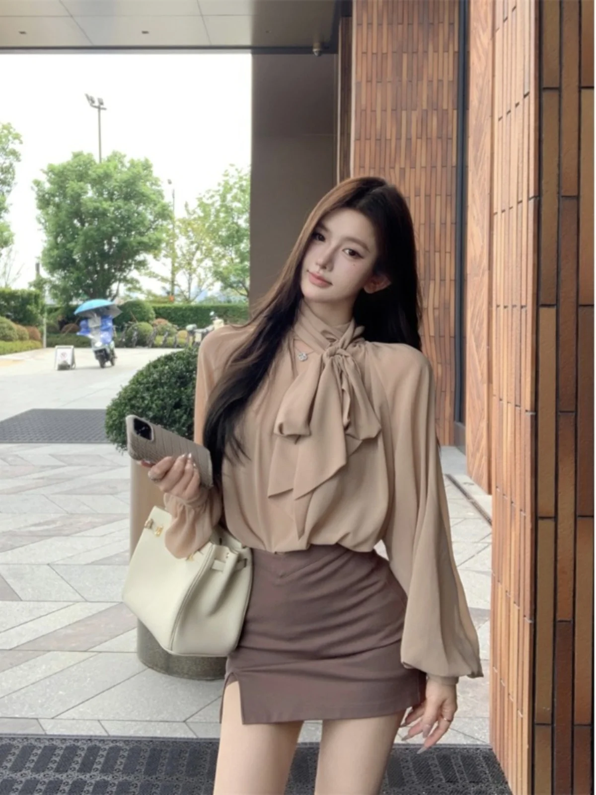 Women's Long Sve Chiffon irt  Knot Waist Cinching Loose Personali Top Commute Sle Polyester Fiber Pure Color