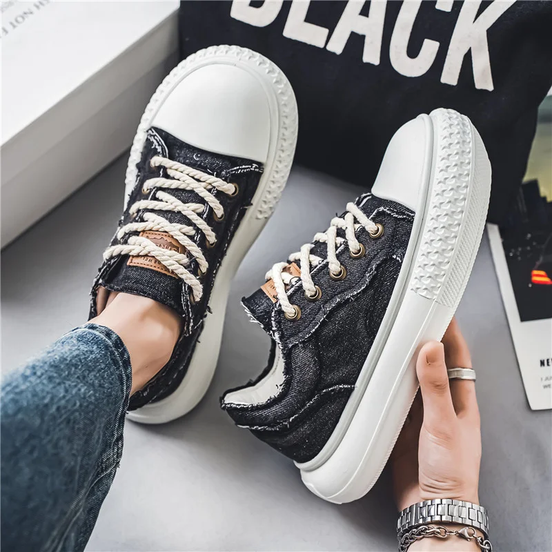 Harajuku Style Blue Denim Canvas Shoes Men Fashion Street Hip Hop Men's Canvas Sneakers Platform Vulcanized Shoes Designer Man
