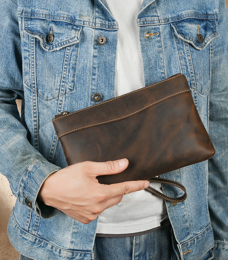 Genuine Leather Men's Clutch Wallet Male Zipper Business Daily Hand Bag Large Capacity Purse For Man Phone Pouth Belt bags bolso