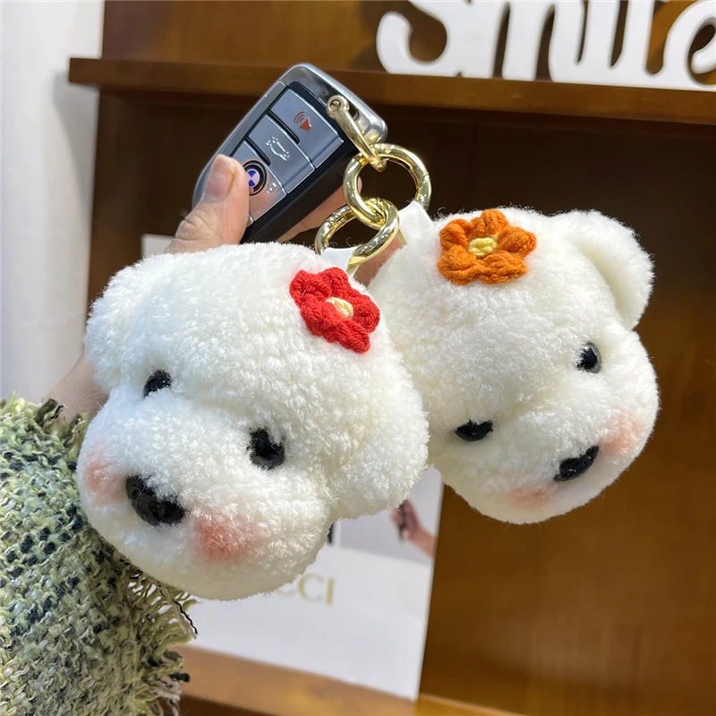 Sweet Plush Toy Puppy Real Wool Fur Keychain Cute Dog Head Women's HandBag Pendant Car Key Ring Trinkets Kids Birthday Gift