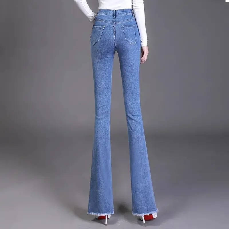 Korean Fashion Frauen Flare Jeans Frühling Herbst Neue Streetwear Quaste Hohe Taille Dünne Büro Dame Gerade Denim Hosen ZT364