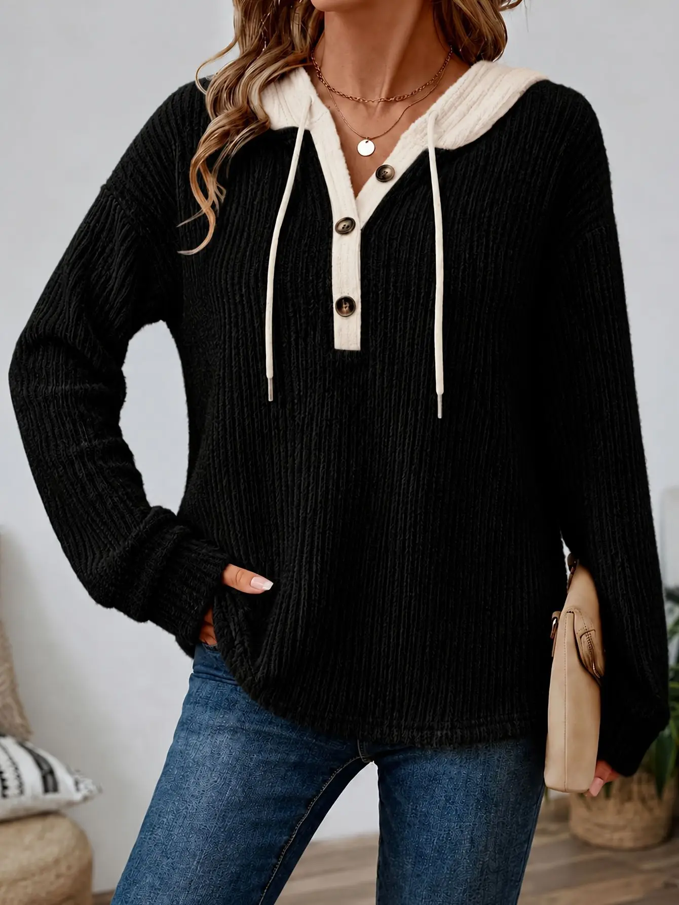 Color Blocking Casual Sweater Loose Fashionable Autumn Winter Lazy Style Long Sleeved V-neck Button Knit Hooded Pullover