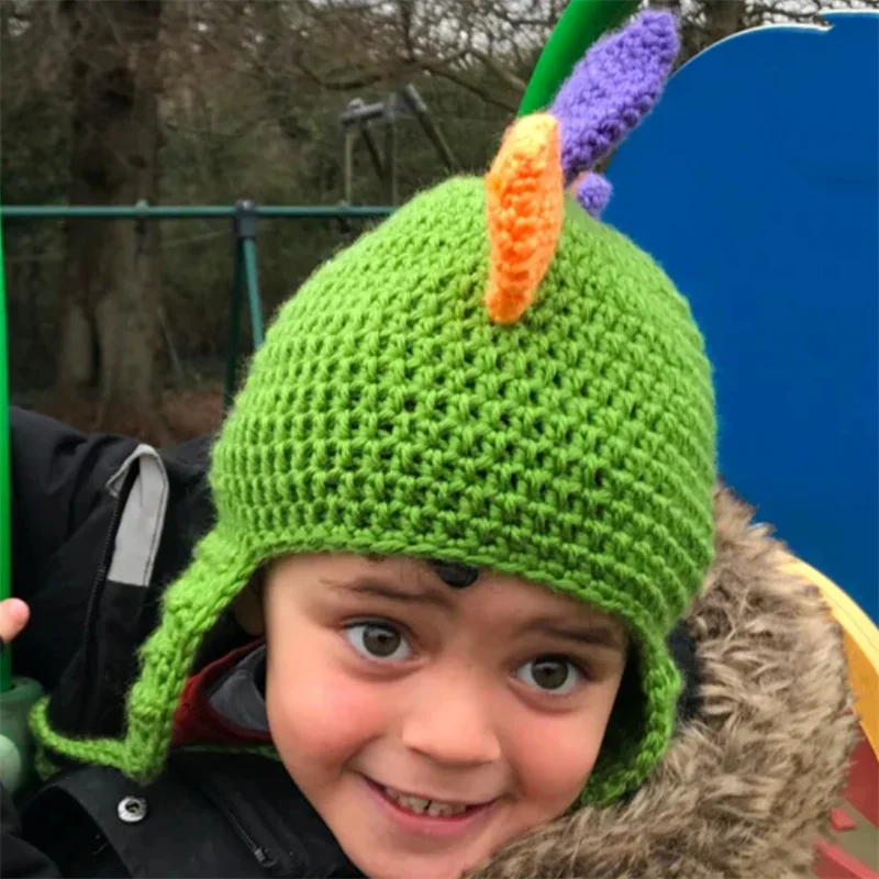 Cartoon creative Dinosaur style pattern children hat Winter Cap Handmade Knitted soft Warm Ear Protection for Kids Boys Girl hat