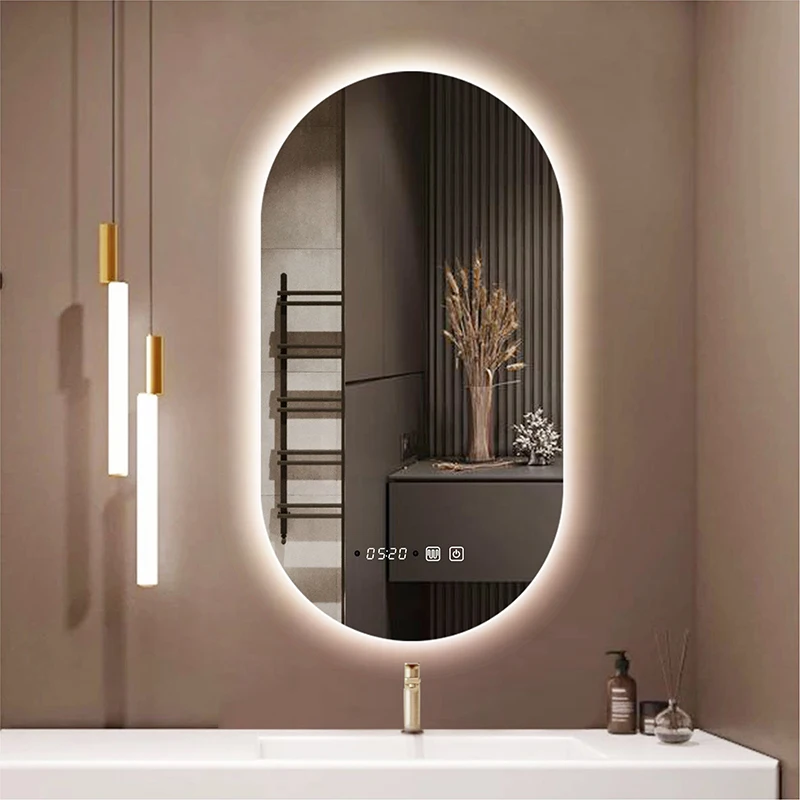 Oval LED Makeup Bathroom Mirror 3 Color light Anti-fog Time/Temperature Display Human Body Induction Wall Mounted Vanity Mirrors