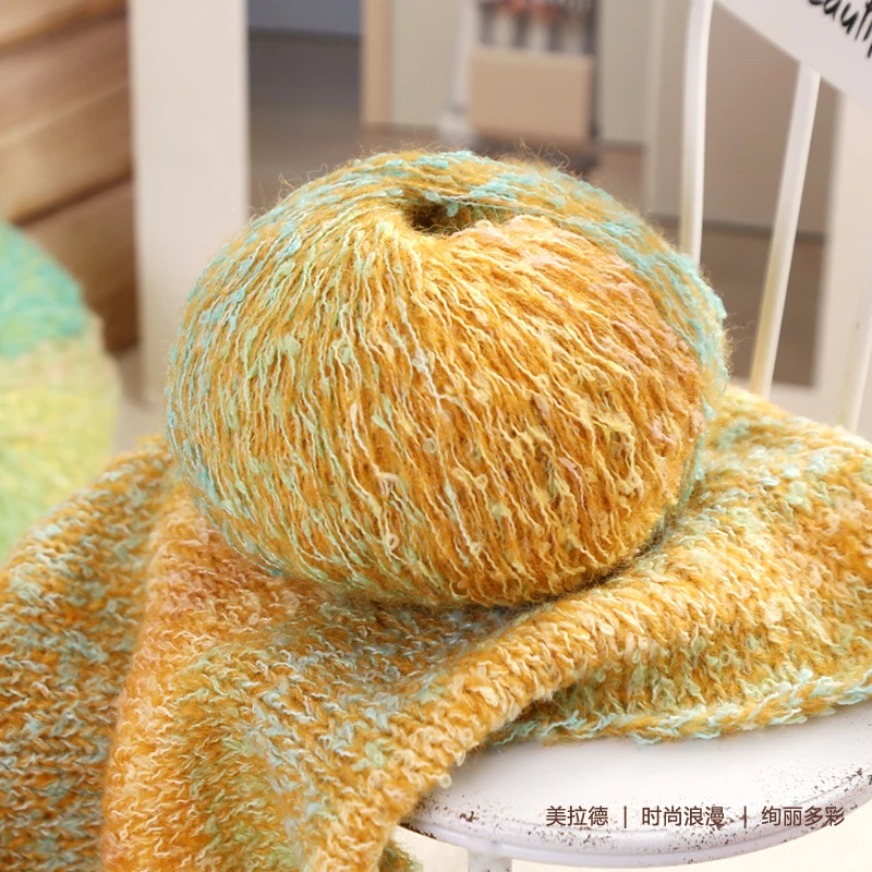 150 g bunter Farbverlauf, langer Abschnitt, gefärbt, buntes Mohair, handgefertigt, DIY-Material, gestrickt, Herbst und Winter, Damenpullover, Schal, Mütze, Ausschnitt, Schal, Garn, Ball, 1 Stück = 150