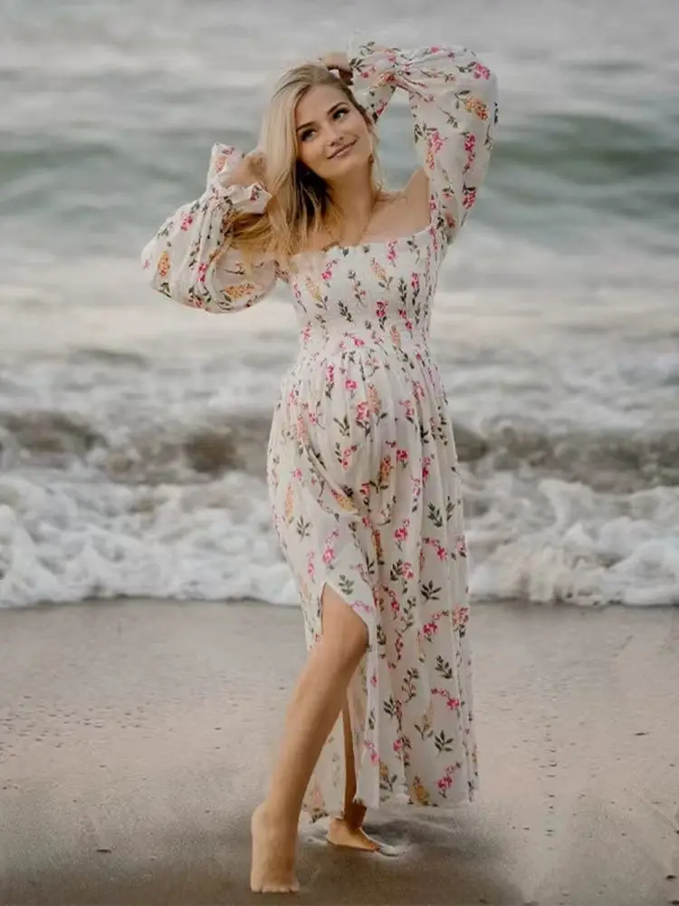 

Floral Maternity Dress Photoshoot Long Sleeve Boho Maxi Gown Pregnancy Outfit Baby Shower Beach Photography Bump Friendly