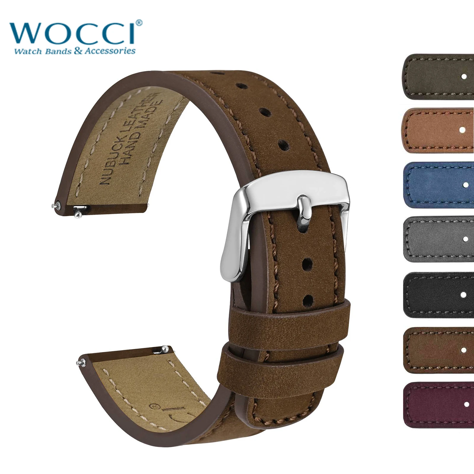 WOCCI Nubuck Top Grain Leather Watch Strap 18mm 20mm 22mm Men Women Replacement Bracelet for Amazfit Samsung Galaxy Huawei