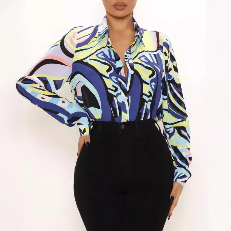 

Spot Goods European and American New Women's Clothing Spring and Summer New2025Popular Long-Sleeved Shirt Women's Printed Top Sh