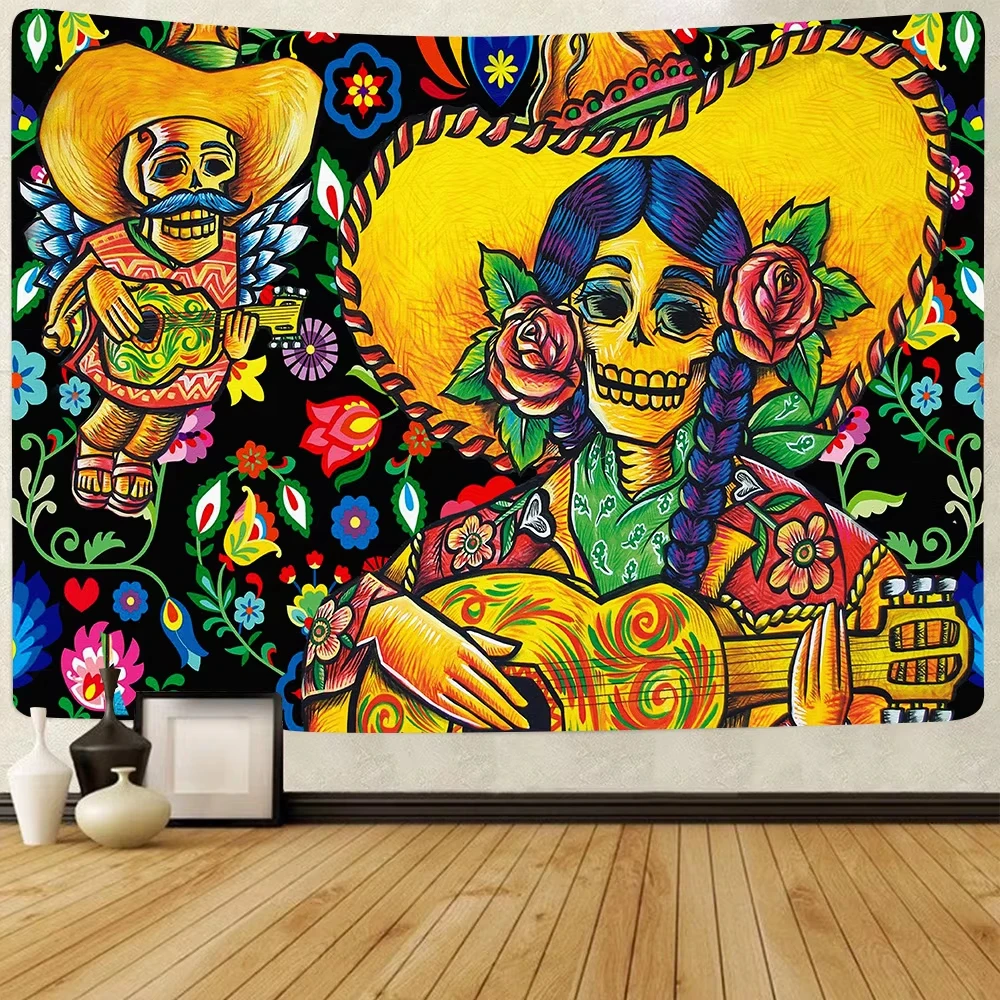 Day of the Dead Mexican Carnival Tapestry Fluorescent Sugar Skull Wall Decor for Living Room Home Decor