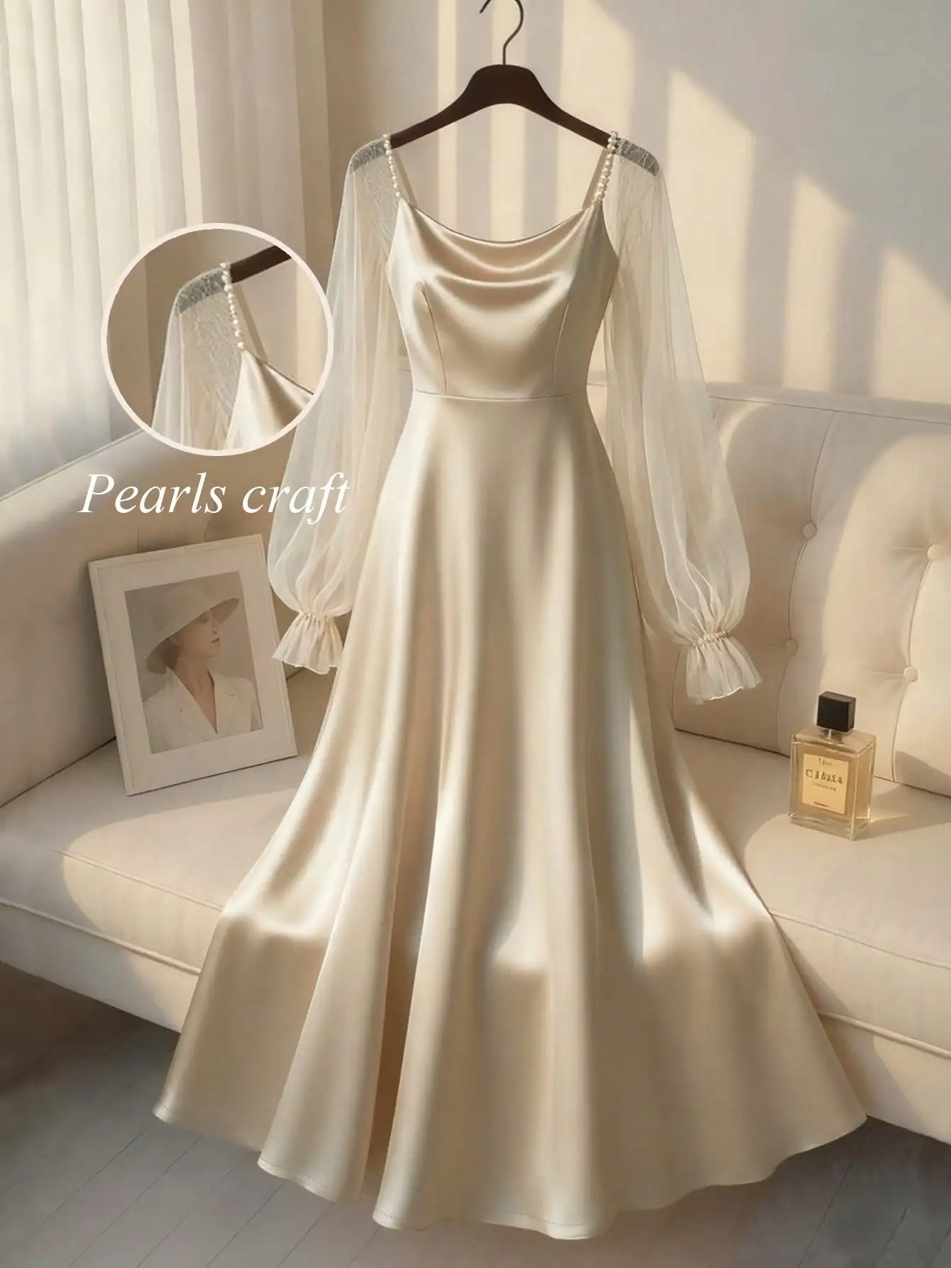 

Elegant Satin A-Line Dress with Pearl-Trimmed Sheer Sleeves, Floor-Length