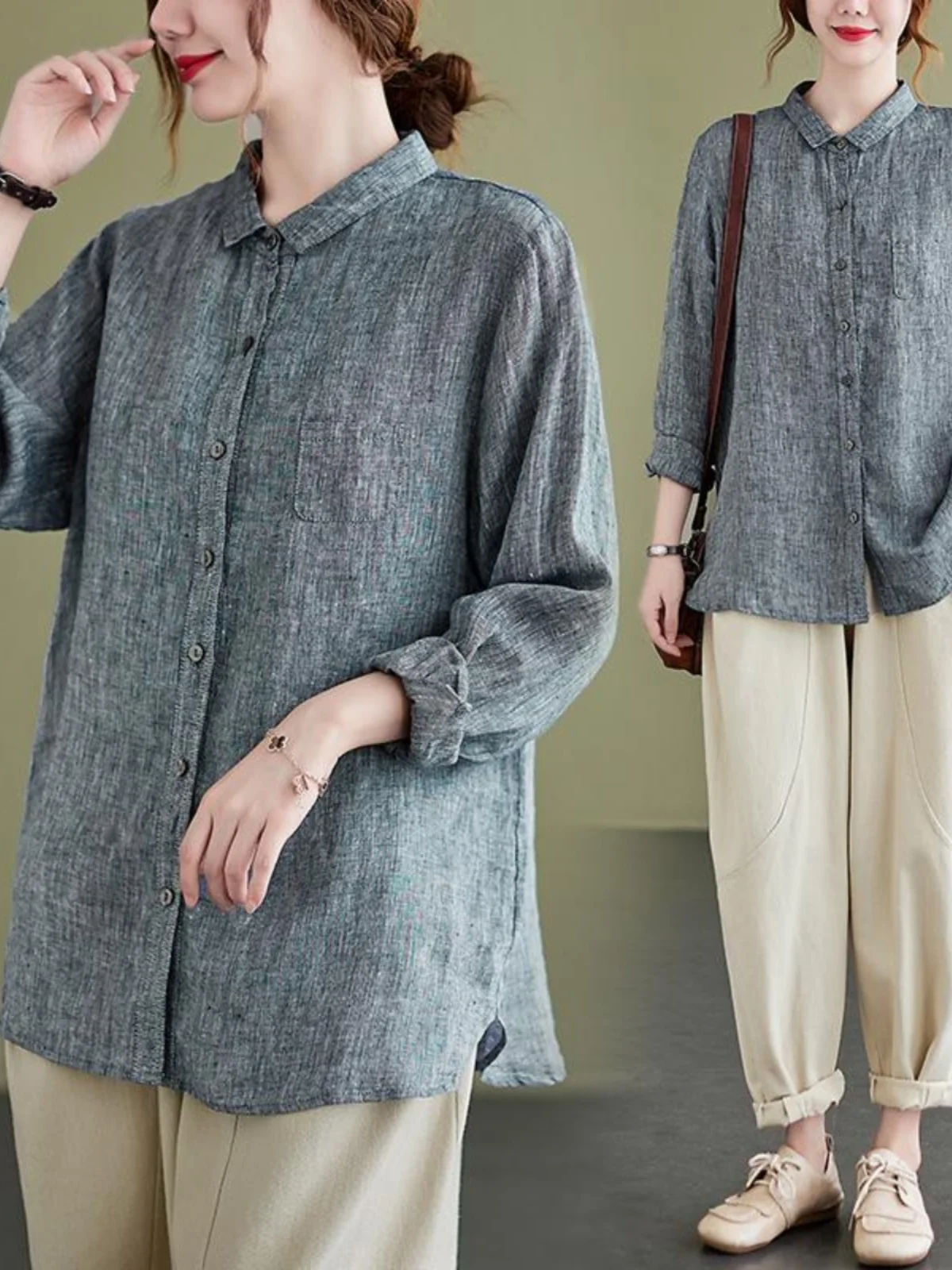 

High-End Women's Retro Cotton Linen Long Sve Turn-down Collar irt Spring Loose Slimming Open Cardigan Top Casual Wear