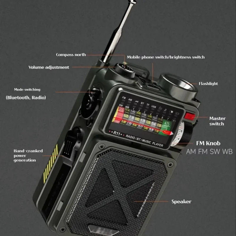 

R11 hand cranked power generation emergency full band radio solar charging flashlight Bluetooth speaker SOS outdoor speakers