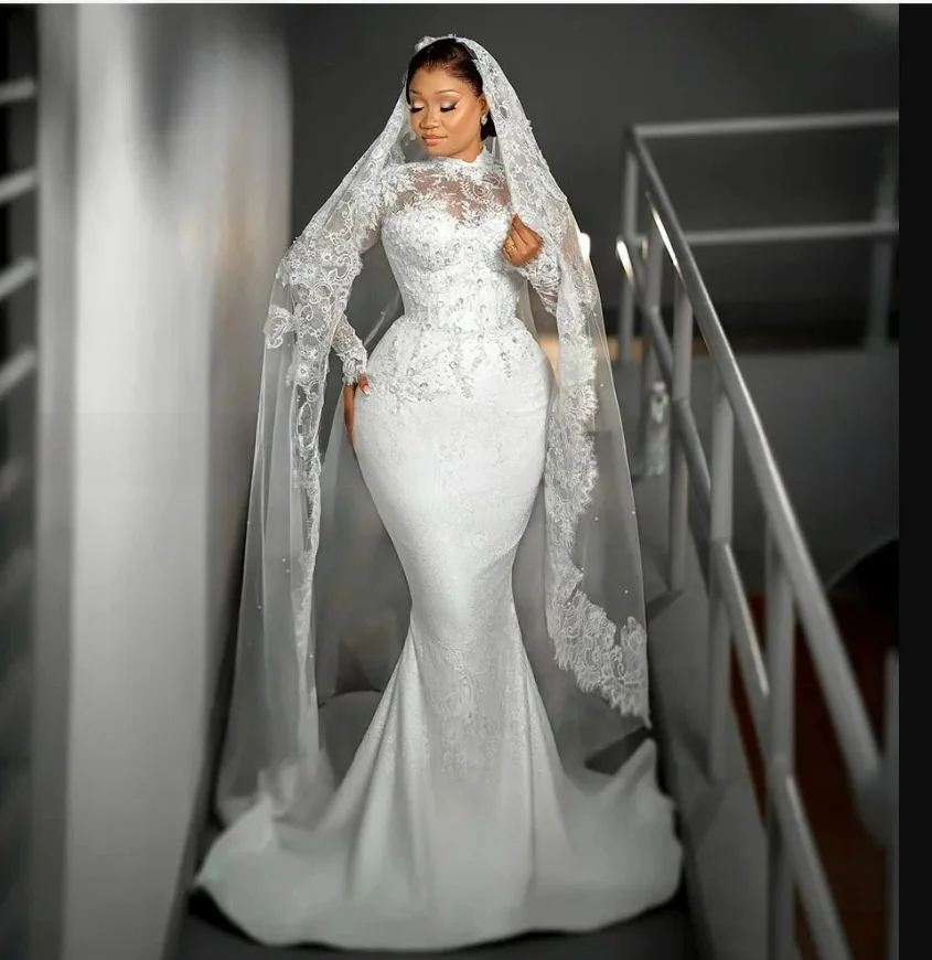 Suknia ślubna z wysokim dekoltem, zdobiona aplikacjami i koralikami, Vestido De Casamento, długi rękaw, vintage.