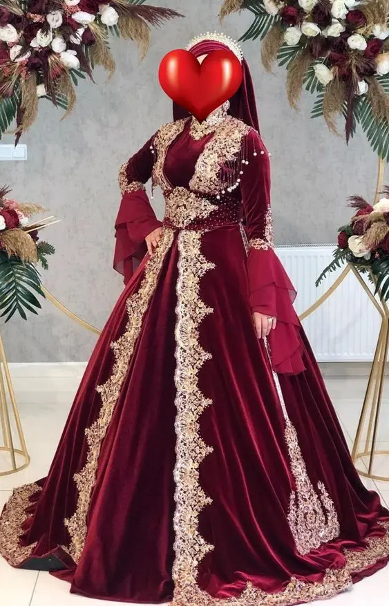 Burgudy Moroccan Muslim Abaya Evening Dress Velvet High Neck Long Sleeve Arabic Prom Dress Beaded Lace Robe De Mariée Customized