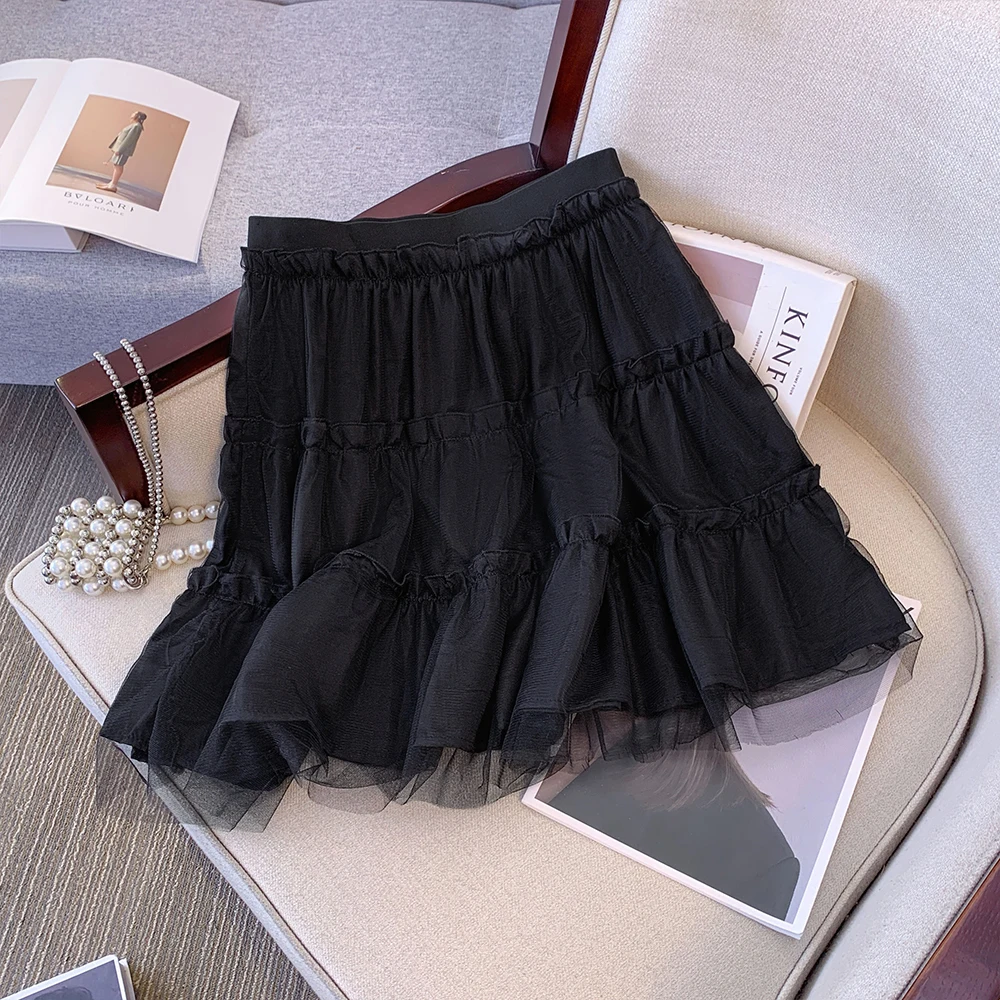 Summer Plus Size Women's Black Mesh Mini Skirt Elastic Waist a-line High Waist French Sweet Half-body Skirt Loose Casual