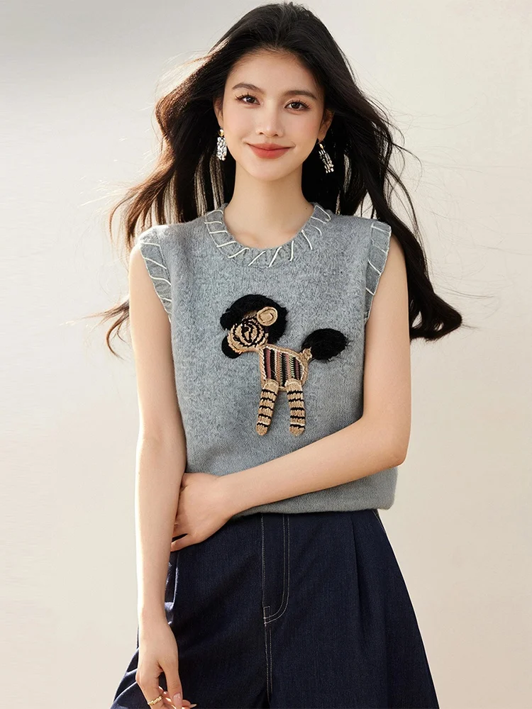

La Chapelle Women's round Neck Sleeveless Knitted Vest Casual Fashion Spring New Style Comfortable Fit Polyester Fiber Top