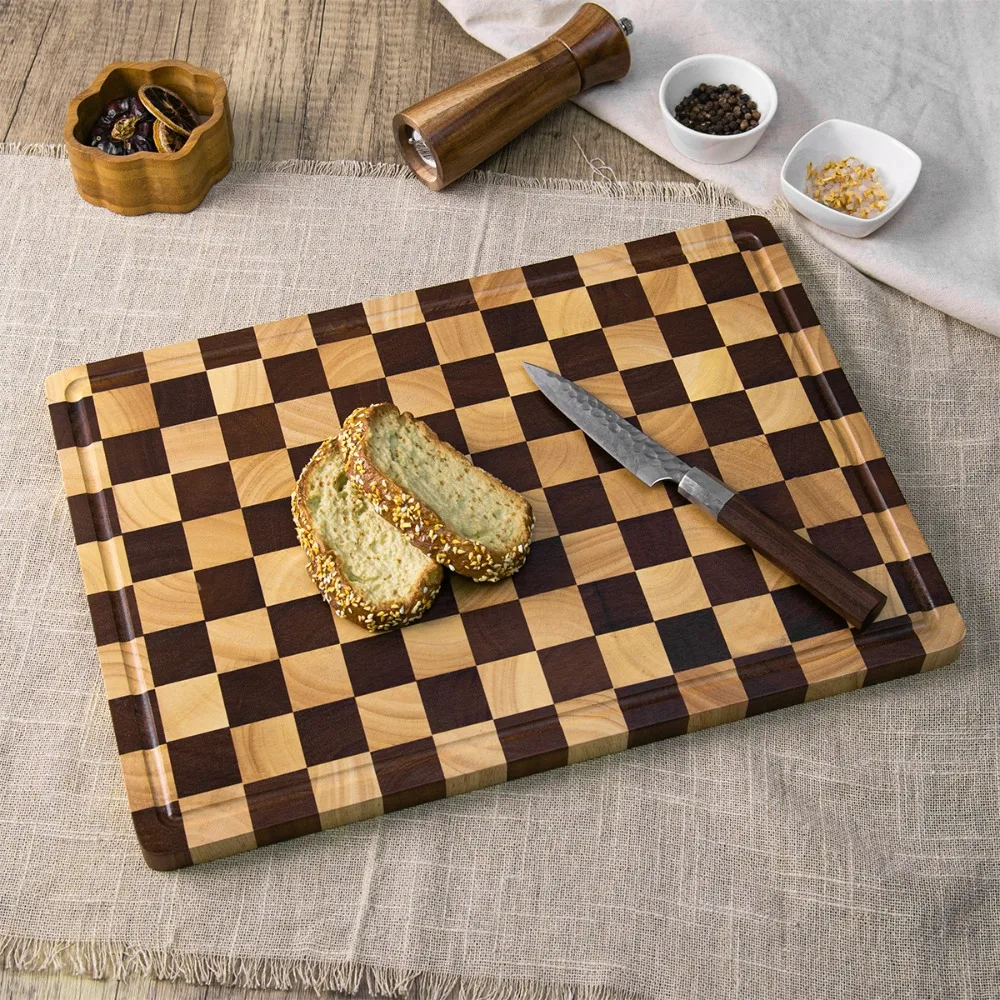 

Acacia Wood Chessboard Cutting Board Non Slip Thickened Checkerboard Chopping Board Rectangular with Groove Cheese Serving Tray