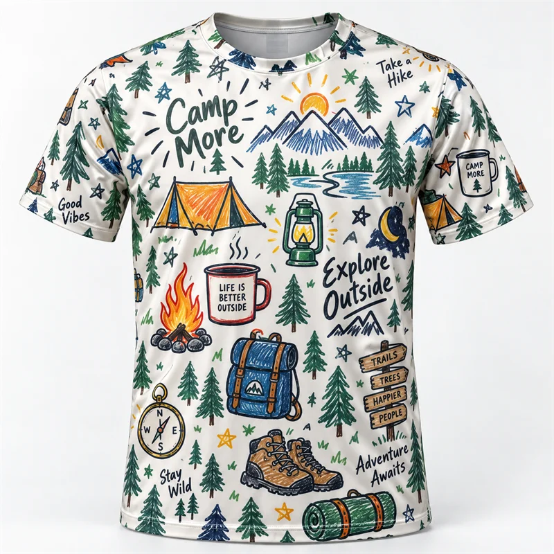 Colorful Doodle Graphic T Shirt Men Women Yoga Camping Sewing Sushi Beach Dog Fruit Frog Baking Short Sleeve Casual Summer Tee