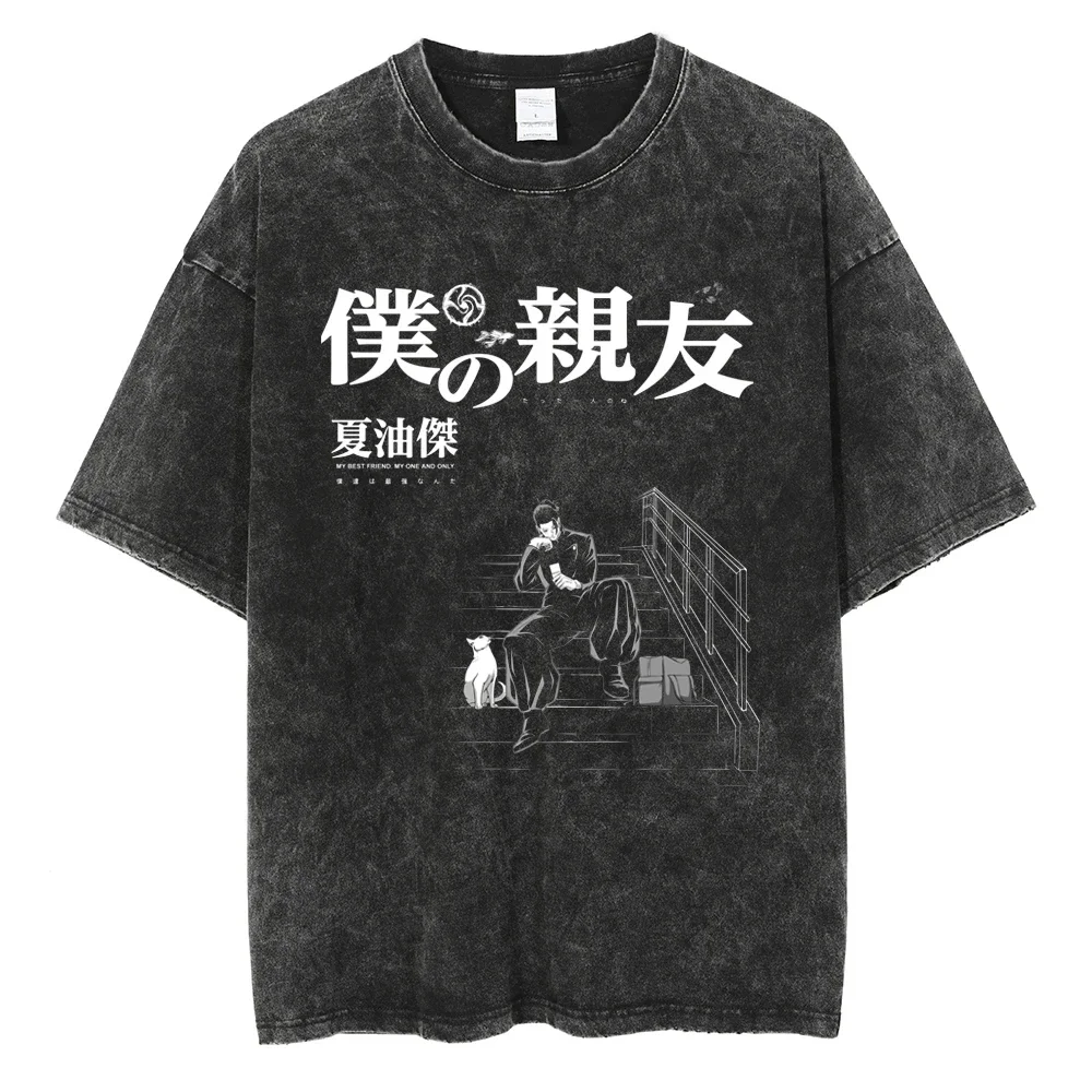 Fashion Vintage Japanese Anime Graphic Print Oversize T-Shirt Men Washed Tshirt Summer Hip Hop Streetwear Harajuku Cotton Tees