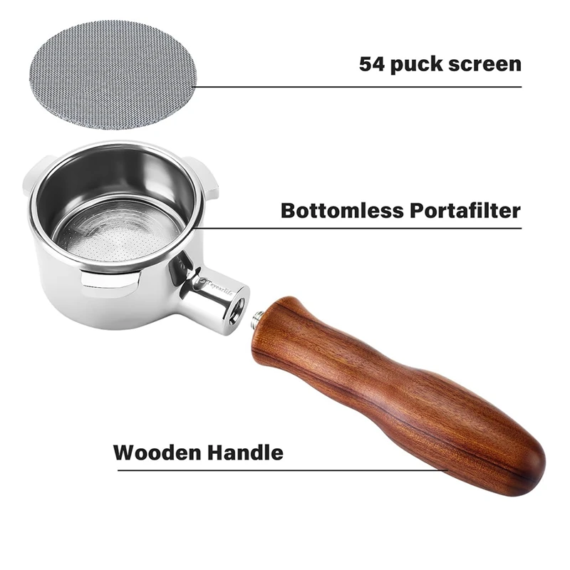 استبدال Portafilter بدون القاع لportafilter ، مصنوع من الفولاذ المقاوم للصدأ والخشب الصلب ، 54 مللي متر