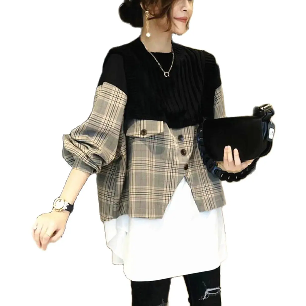 

2022 New long sleeves shirt stitching mid-length knitted sweater fake two-piece Korean style sweater women's tide A976