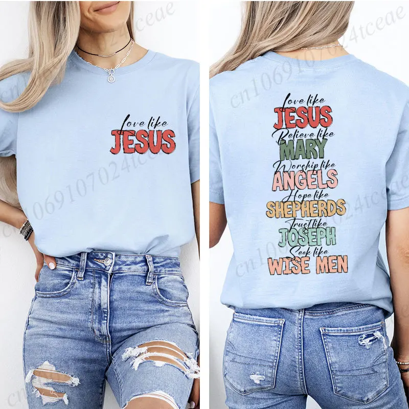 Front Back Print Religious Christmas T-shirt Love Like Jesus Faith Graphic Tee Bible Verse Xmas Holiday Short Sleeve Tee Gifts