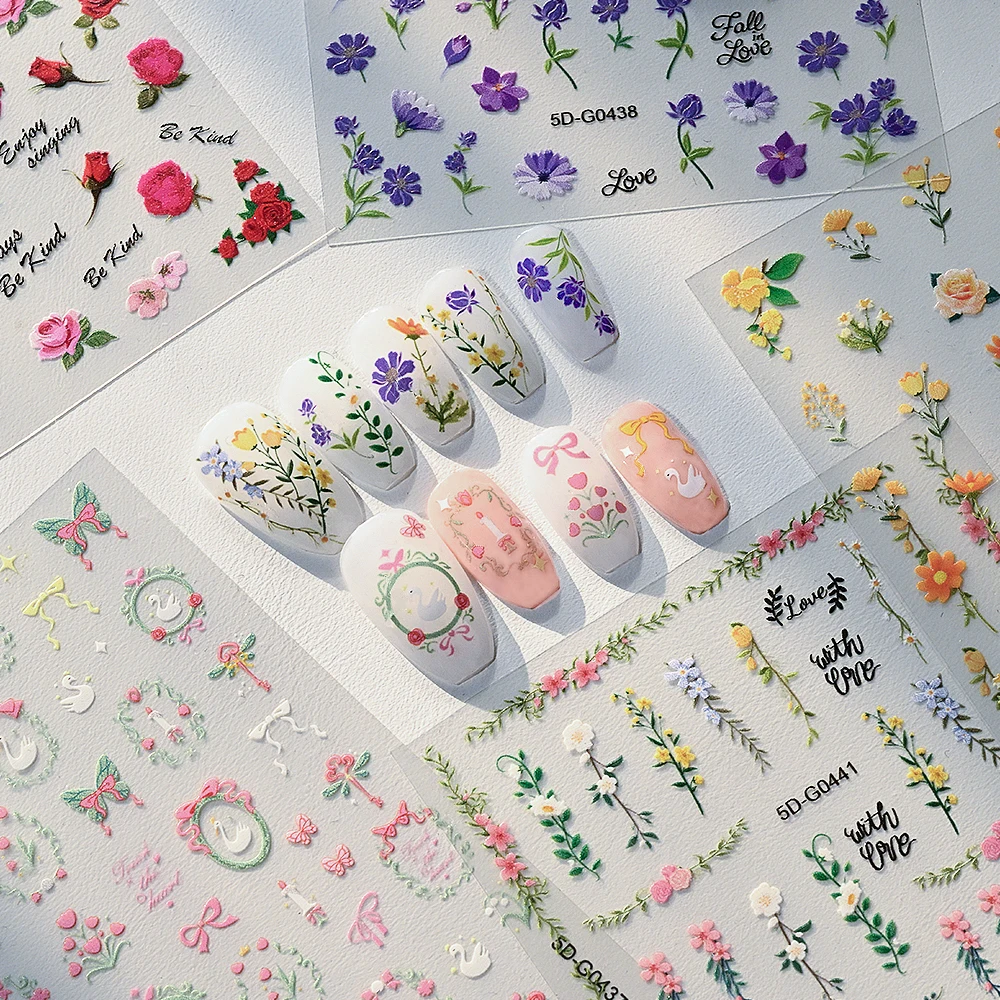 

1pcs 5D Wildflowers Purple Daisy Lotus Nail Stickers Relief Yellow Pink Flower Vine Rose Nail Decal 8*10cm Rural Flowers Slider