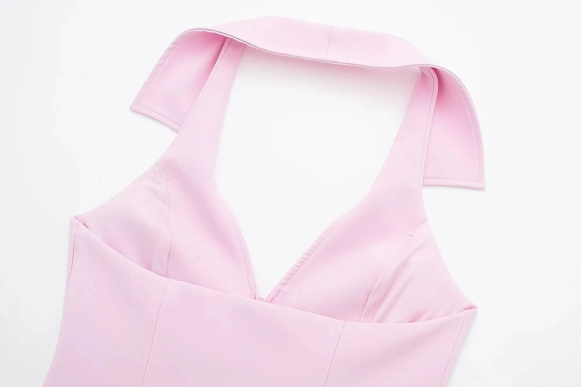 HH 2024 Sommer-Damen-Tanktop, rückenfrei, ärmellos, Neckholder, V-Ausschnitt, abgeschnitten, + A-Linie, hohe Taille, Mini-Shorts, modischer rosa Anzug – Detail 12