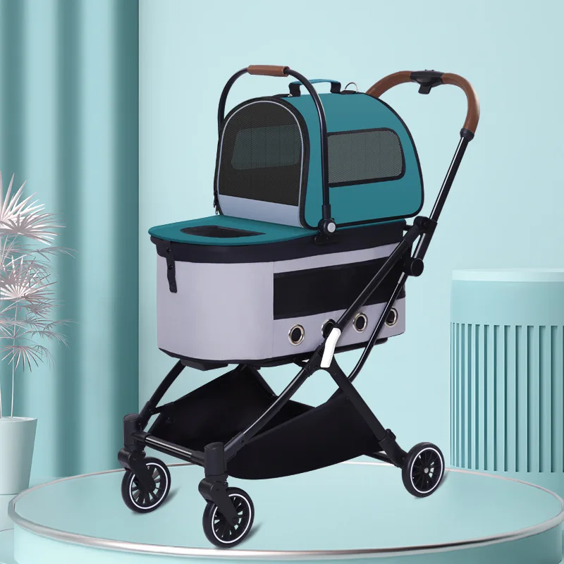 Pet Stroller Automatic Folding Cat and Dog Stroller Lightweight Out-and-off Separate Double-layer Pet Stroller Pet Supplies