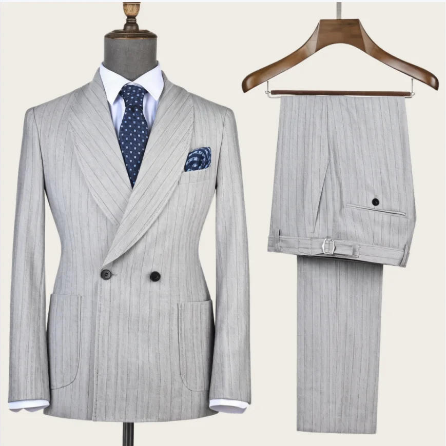 Men'S Formal Wear For A Wedding - Mophiel Light Grey Men Suits Striped