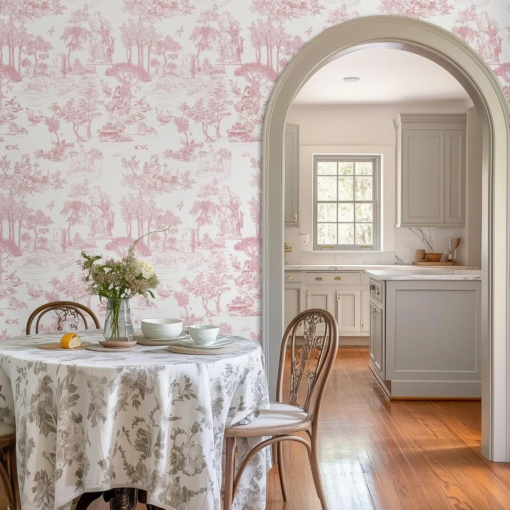 ورق جدران قابل للتقشير واللصق من تويلي فرنسي عتيق، وردي وأبيض، 17.7 × 590، ورق اتصال كلاسيكي للجدران