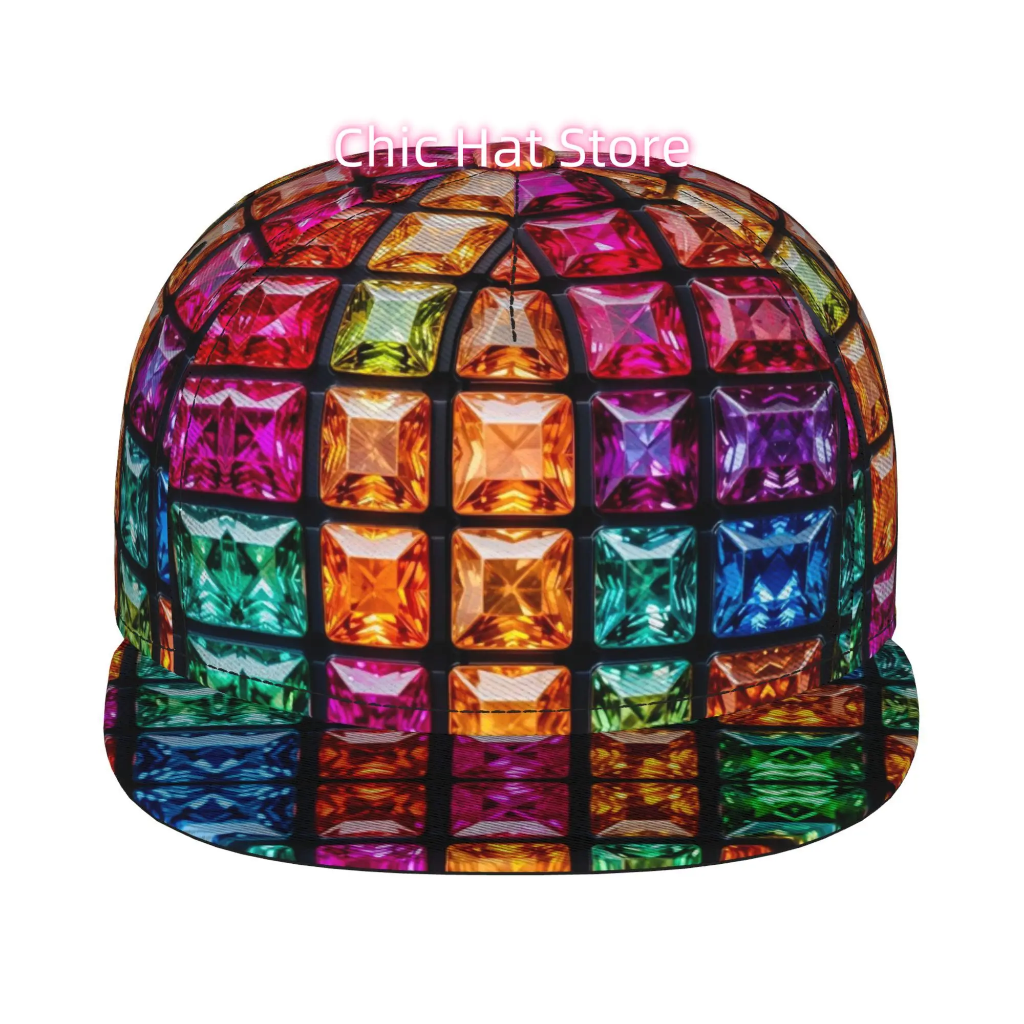1pc Rainbow Gemstone Grid Fully Printed Hip-hop Caps, Stylish Flat-brimmed Baseball Caps, Trucker Caps, Golf Capssports Outdoor