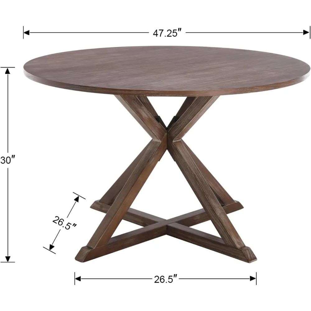 Tavolo da pranzo rotondo da 47 pollici per 4-6 persone Tavolo da cucina in legno rustico con base piedistallo a forma di X Solid Vintage Dinner Ta