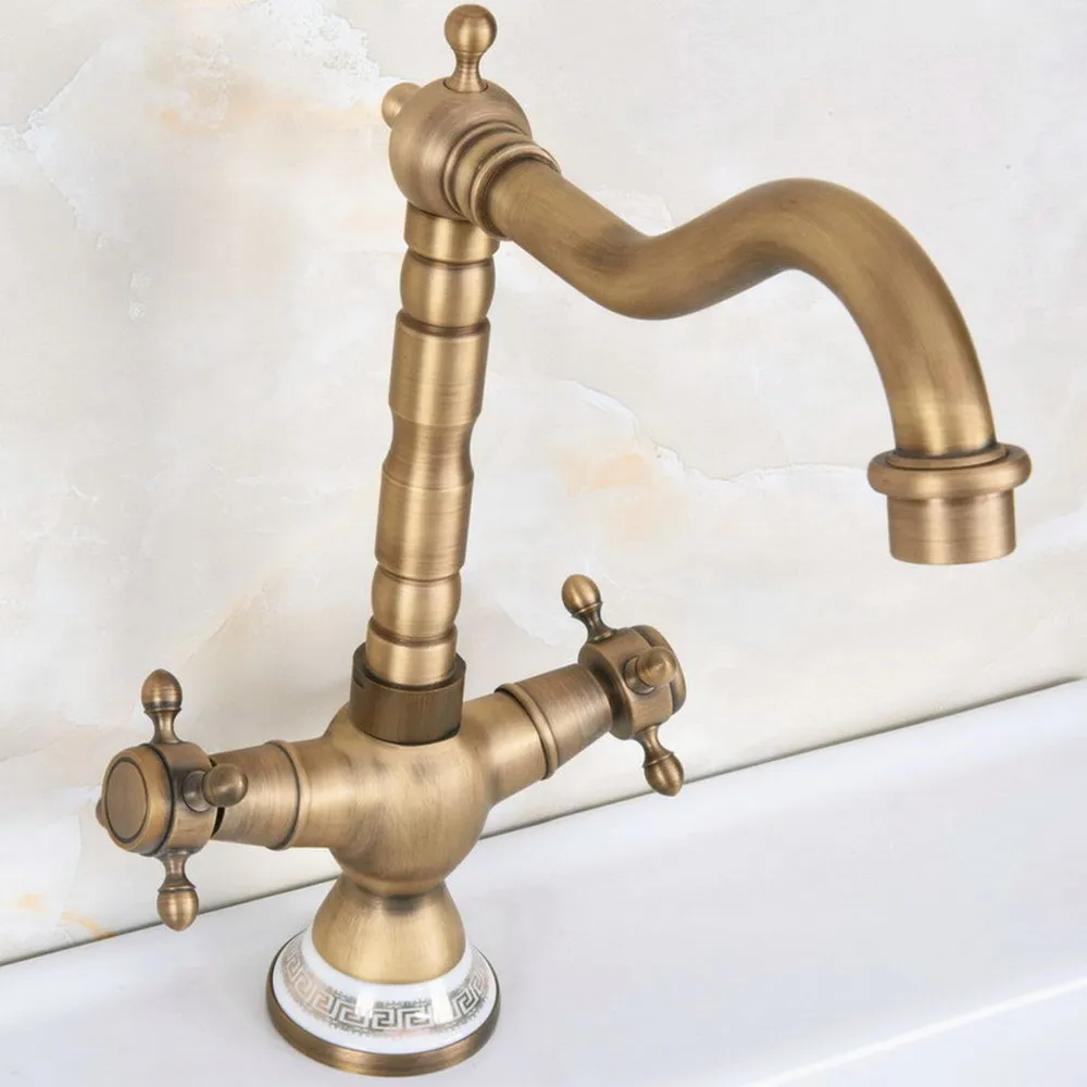 Antique Brass Dual Cross Handles Kitchen Wet Bar Bathroom Vessel Sink Faucet Single Hole Swivel Spout Mixer Tap anf603